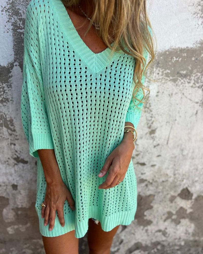 DAONA - KNIT TOP WITH V-NECK AND LACE DETAILS