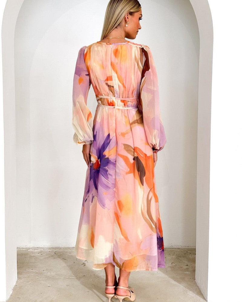 BARONA - CHIC MULTICOLOR MAXI DRESS WITH LONG SLEEVES