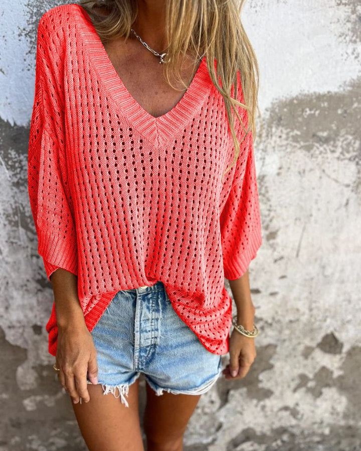 DAONA - KNIT TOP WITH V-NECK AND LACE DETAILS