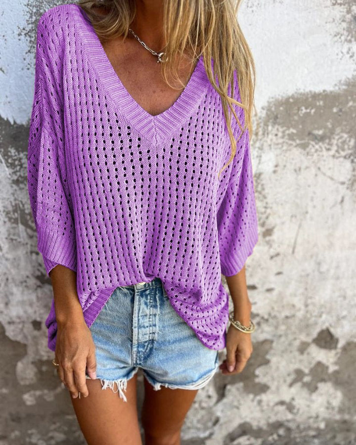 DAONA - KNIT TOP WITH V-NECK AND LACE DETAILS