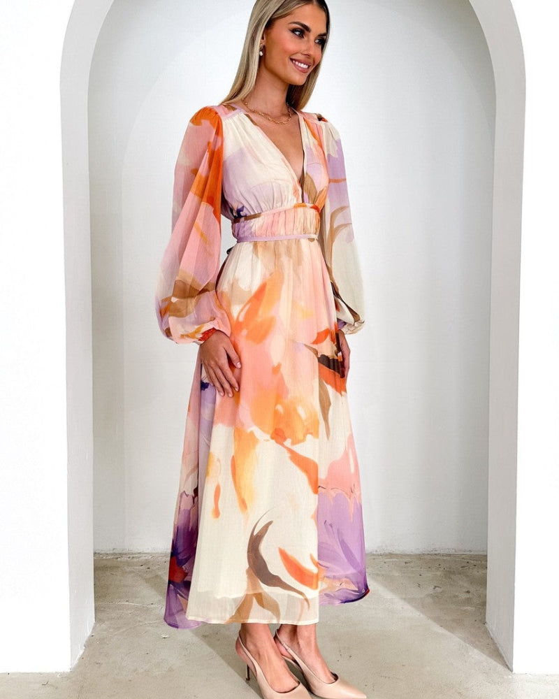 BARONA - CHIC MULTICOLOR MAXI DRESS WITH LONG SLEEVES
