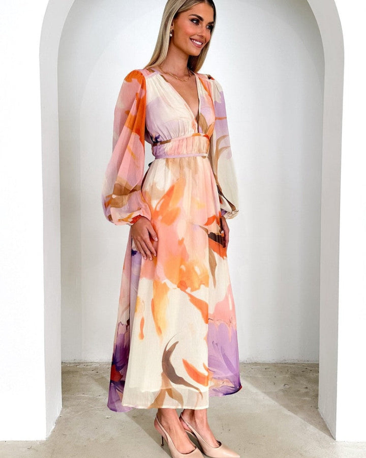 BARONA - CHIC MULTICOLOR MAXI DRESS WITH LONG SLEEVES