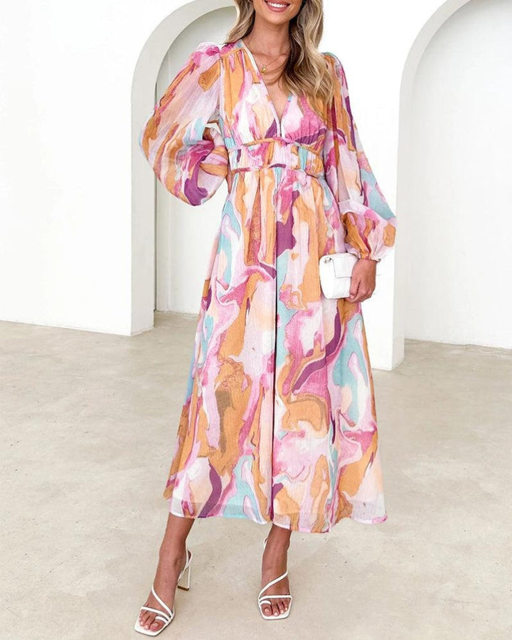 BARONA - CHIC MULTICOLOR MAXI DRESS WITH LONG SLEEVES