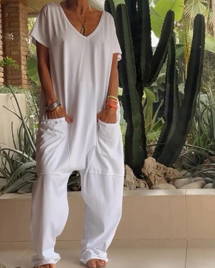 MAIRE - CASUAL JUMPSUIT WITH V-NECK IN SOLID COLORS