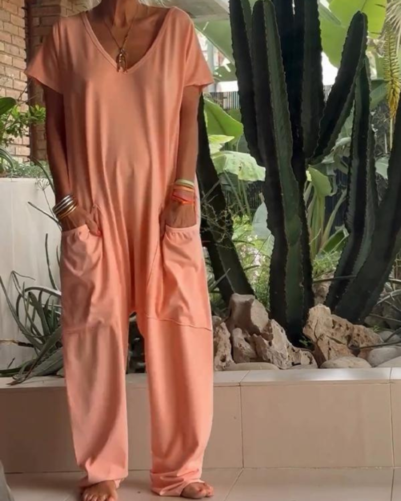 MAIRE - CASUAL JUMPSUIT WITH V-NECK IN SOLID COLORS