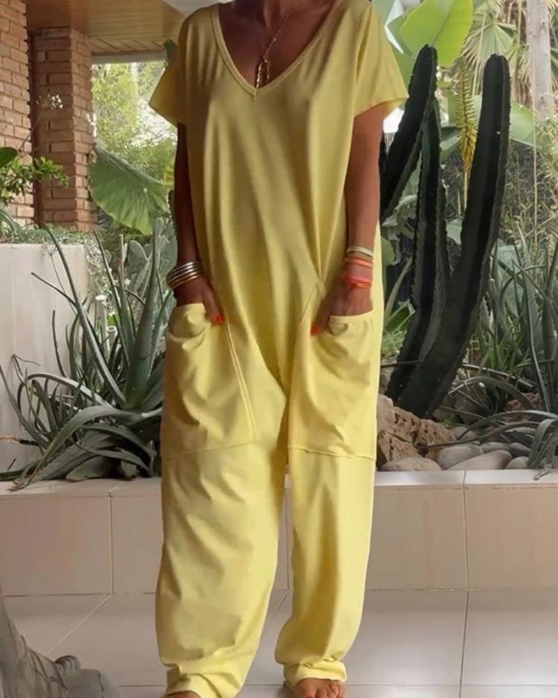 MAIRE - CASUAL JUMPSUIT WITH V-NECK IN SOLID COLORS