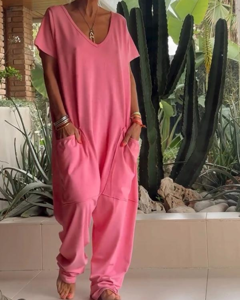 MAIRE - CASUAL JUMPSUIT WITH V-NECK IN SOLID COLORS