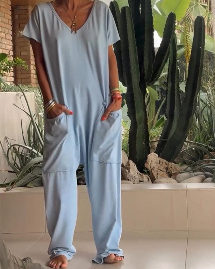 MAIRE - CASUAL JUMPSUIT WITH V-NECK IN SOLID COLORS