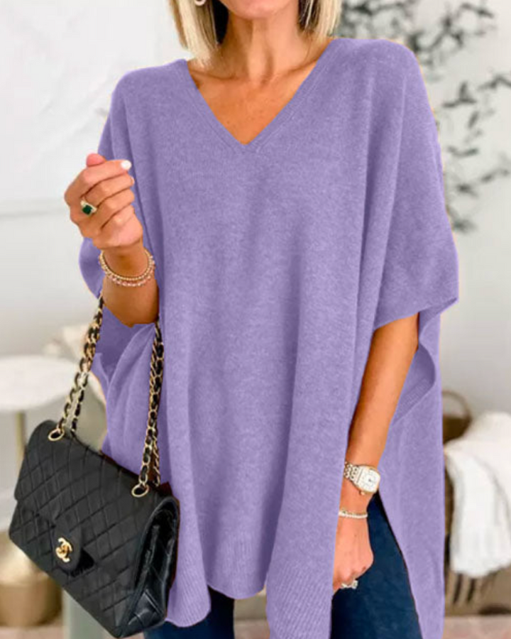 ERICA - Solid knit poncho with V-neck and wide cut
