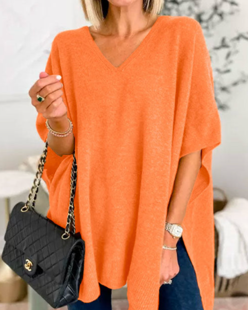 ERICA - Solid knit poncho with V-neck and wide cut