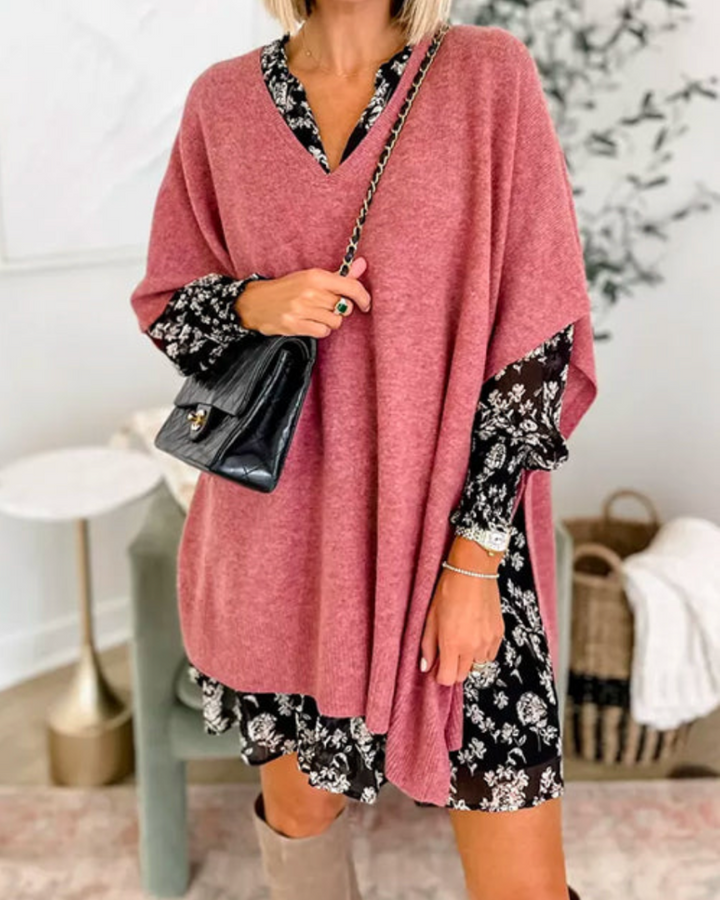 ERICA - Solid knit poncho with V-neck and wide cut
