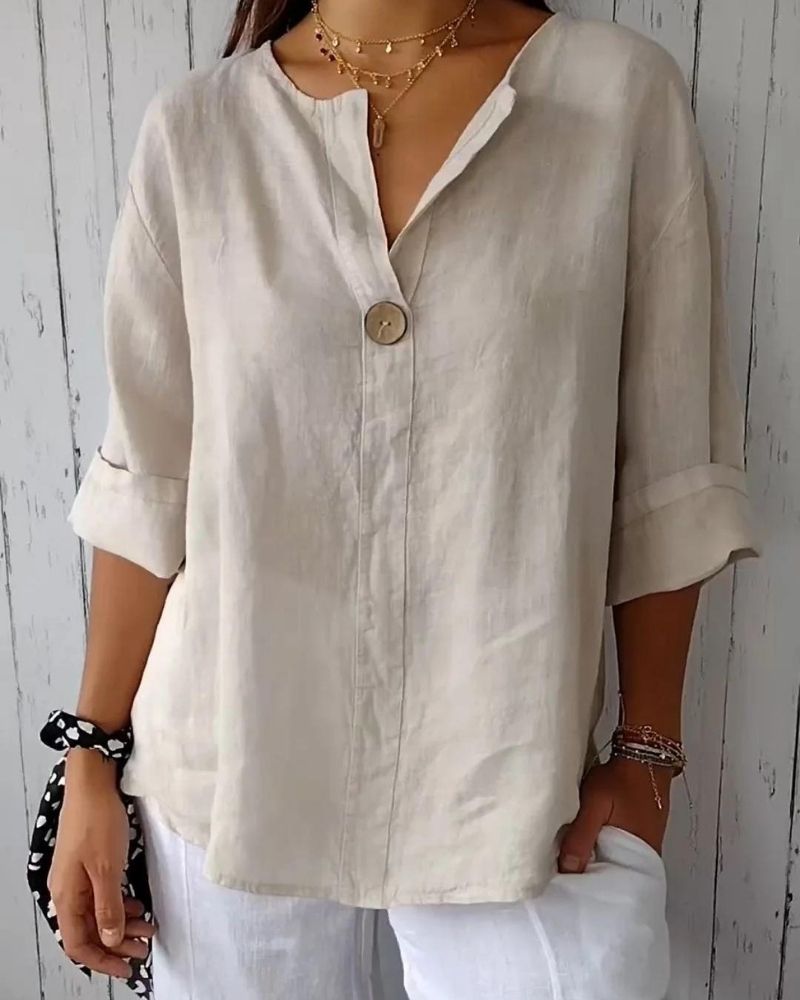 ARAI - COTTON AND LINEN TOP WITH V-NECK AND BUTTONS