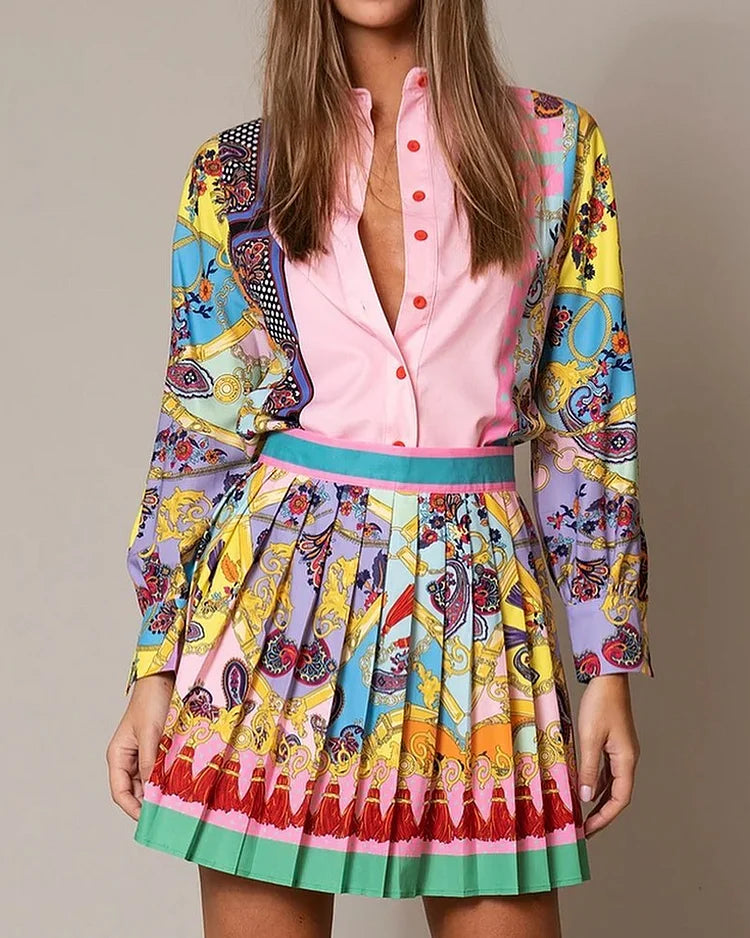 Lyxa Melbourne | Amara Pleated Mini Skirt & Printed Shirt Set