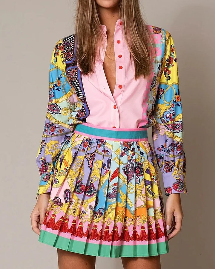 Lyxa Melbourne | Amara Pleated Mini Skirt & Printed Shirt Set