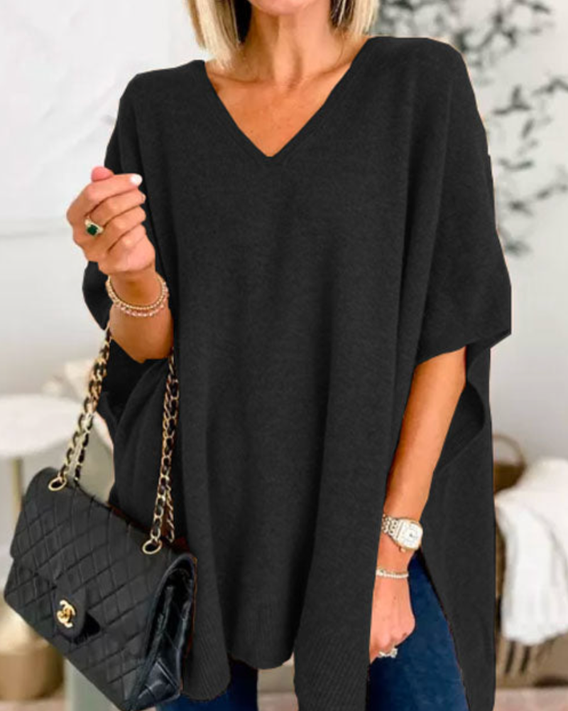 ERICA - Solid knit poncho with V-neck and wide cut
