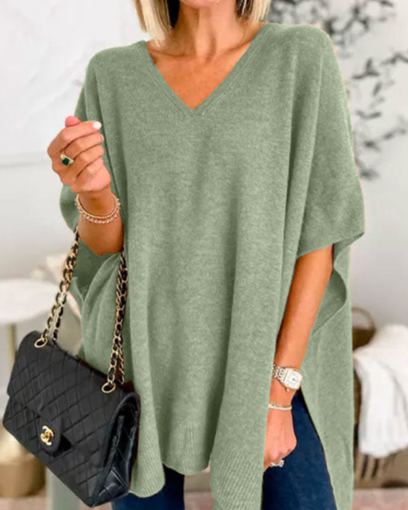 ERICA - Solid knit poncho with V-neck and wide cut