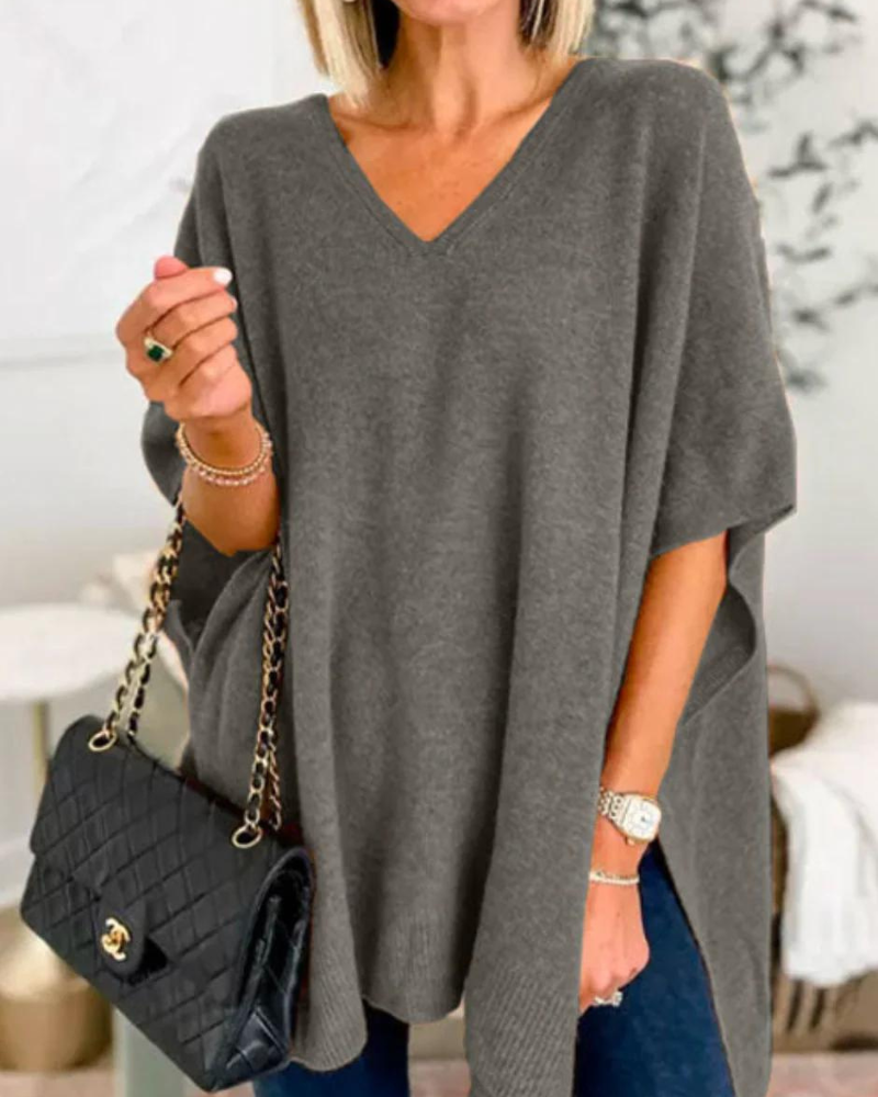 ERICA - Solid knit poncho with V-neck and wide cut