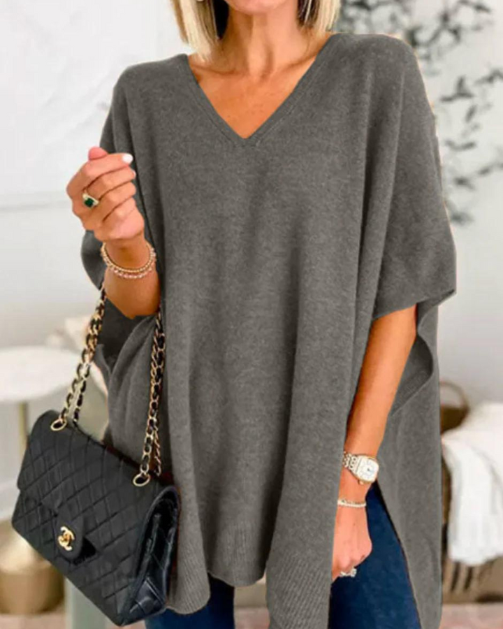 ERICA - Solid knit poncho with V-neck and wide cut