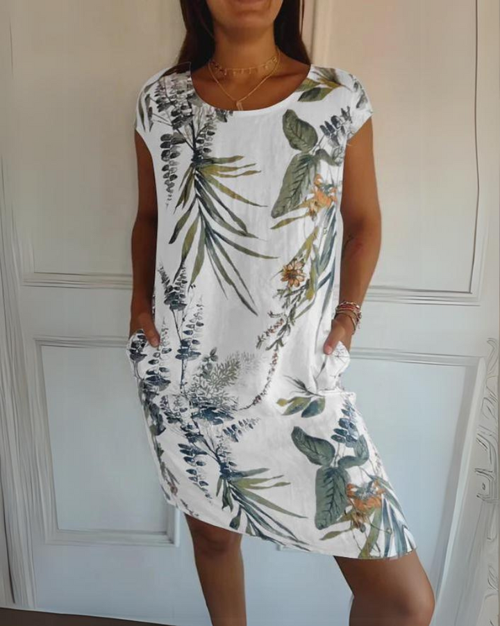 JOANA - PRINTED DRESS WITH ROUND NECK IN COTTON AND LINEN