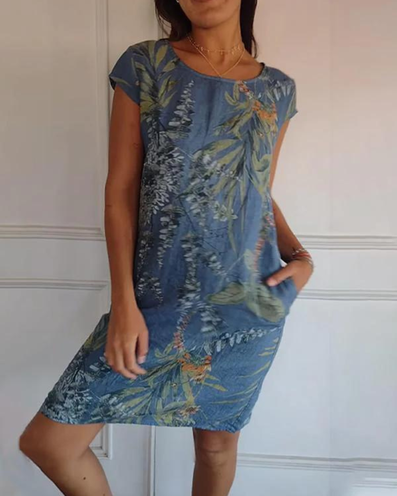 JOANA - PRINTED DRESS WITH ROUND NECK IN COTTON AND LINEN