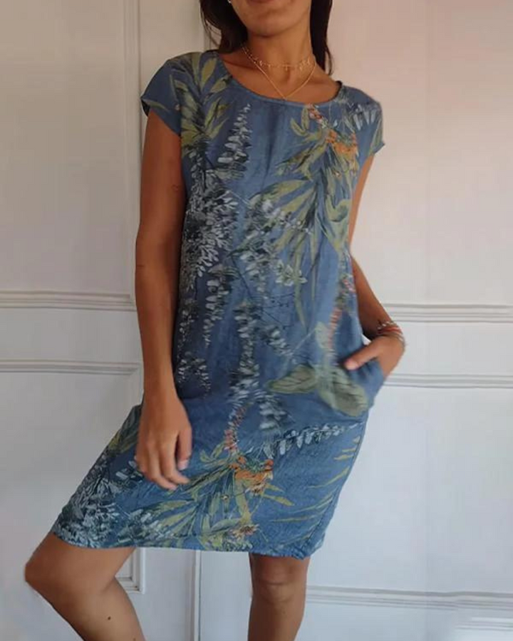 JOANA - PRINTED DRESS WITH ROUND NECK IN COTTON AND LINEN