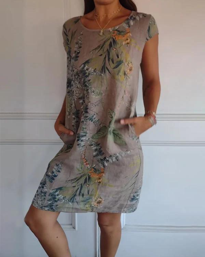 JOANA - PRINTED DRESS WITH ROUND NECK IN COTTON AND LINEN