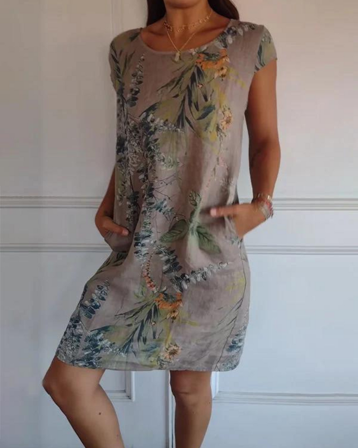 JOANA - PRINTED DRESS WITH ROUND NECK IN COTTON AND LINEN