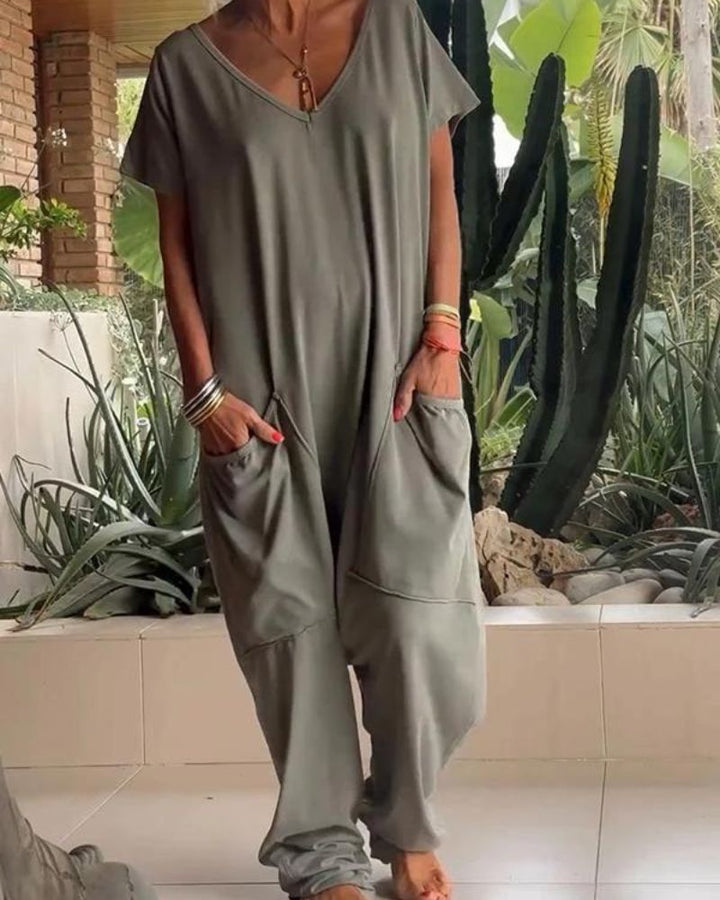 MAIRE - CASUAL JUMPSUIT WITH V-NECK IN SOLID COLORS