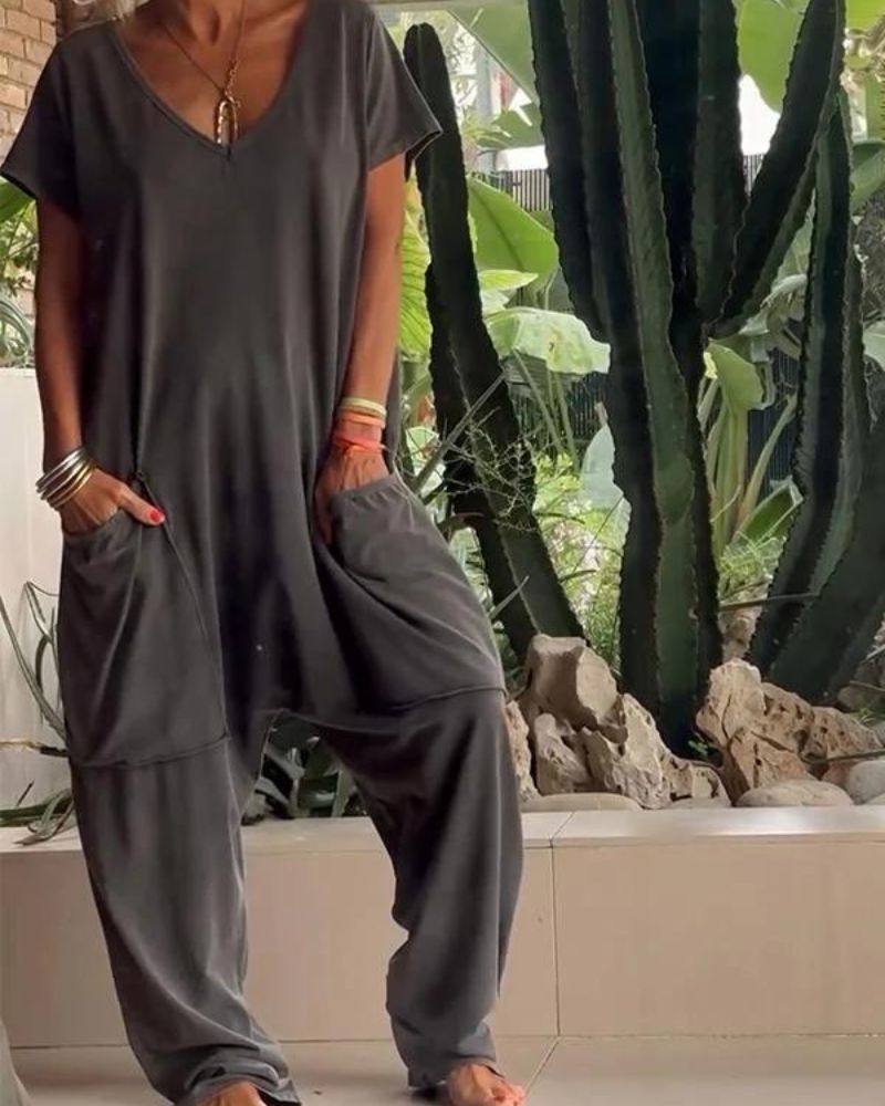 MAIRE - CASUAL JUMPSUIT WITH V-NECK IN SOLID COLORS