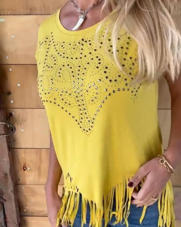MASOVA – T-SHIRT WITH FRINGES AND METALLIC PRINTS