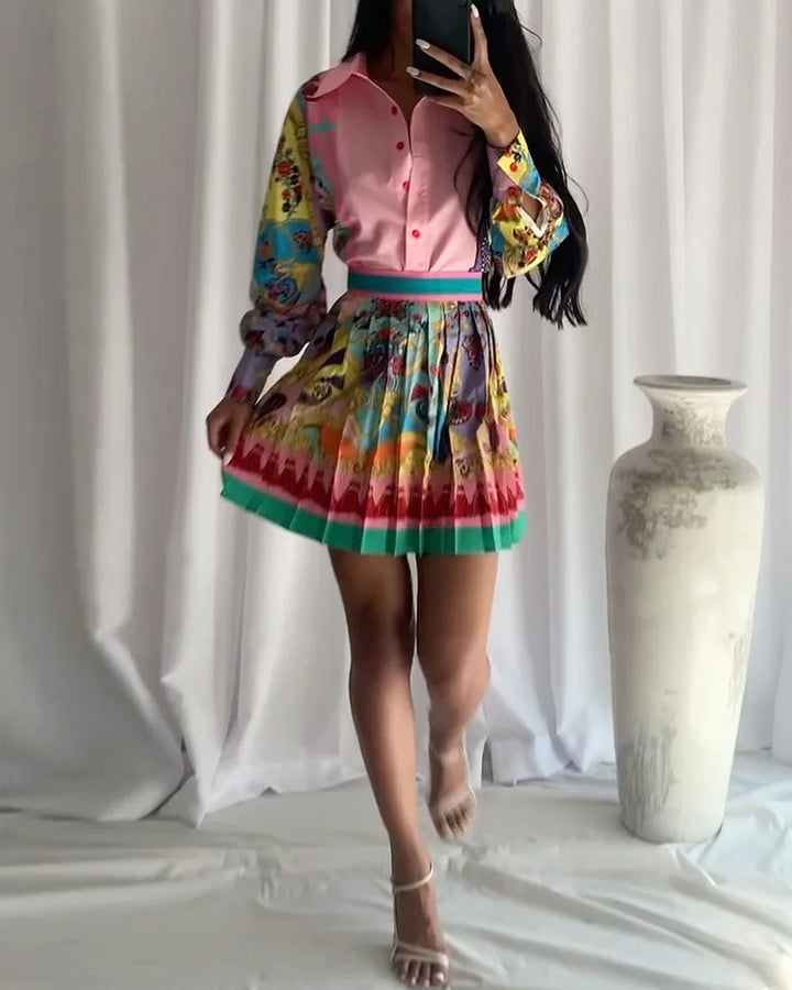 Lyxa Melbourne | Amara Pleated Mini Skirt & Printed Shirt Set