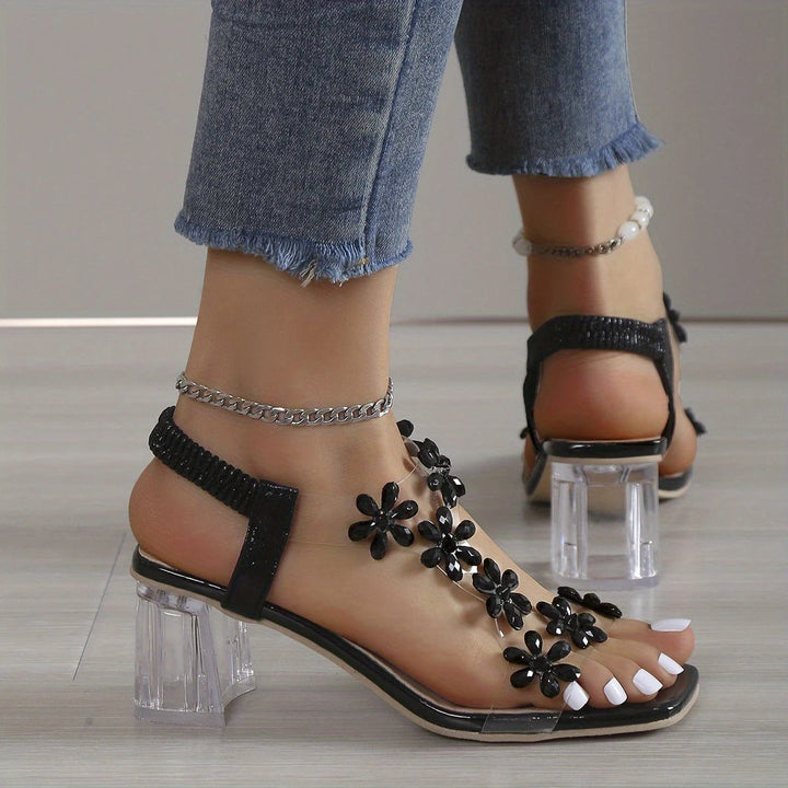 Florencia - Wide Heeled Sandals with Flower