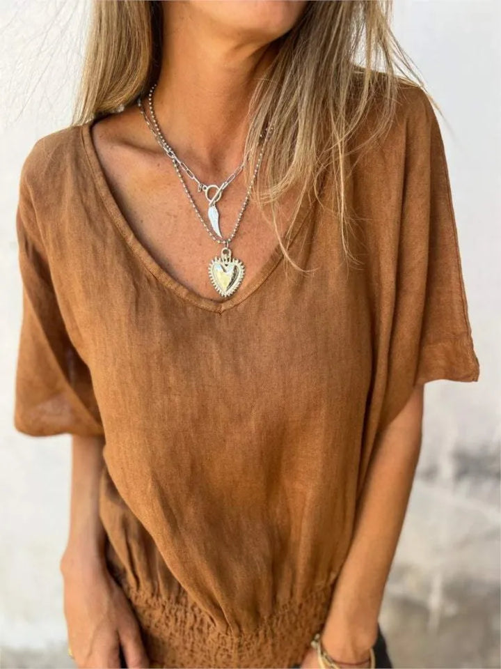 Camille™ – Linen Blend V-Neck Blouse