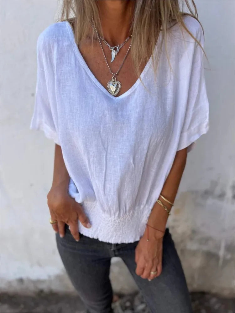 Camille™ – Linen Blend V-Neck Blouse