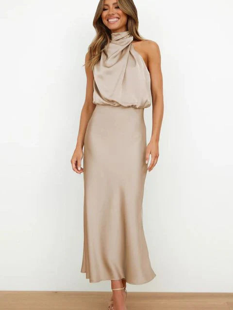 Amara Satin High-Neck Midi Dress