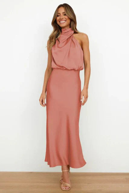 Amara Satin High-Neck Midi Dress