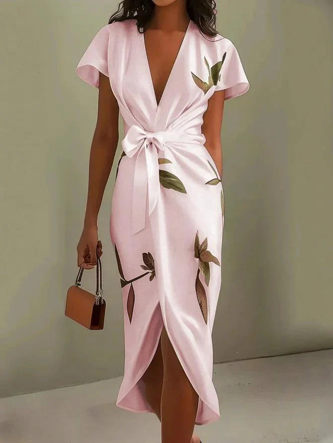 White Leaf Satin Midi Dress with Short Sleeves and Wrap Sheath Design