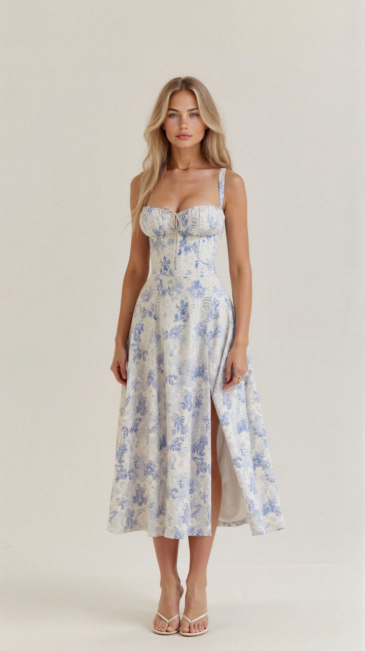 Elara Blue Toile Midi Dress