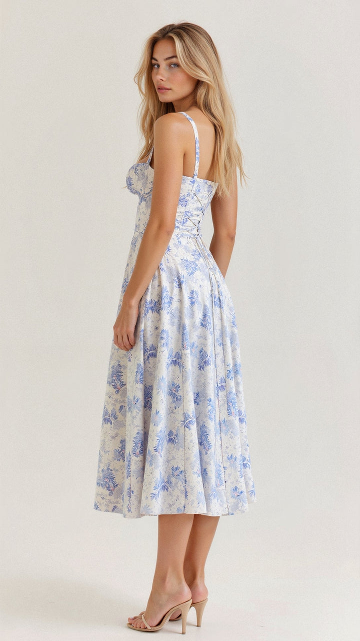 Elara Blue Toile Midi Dress